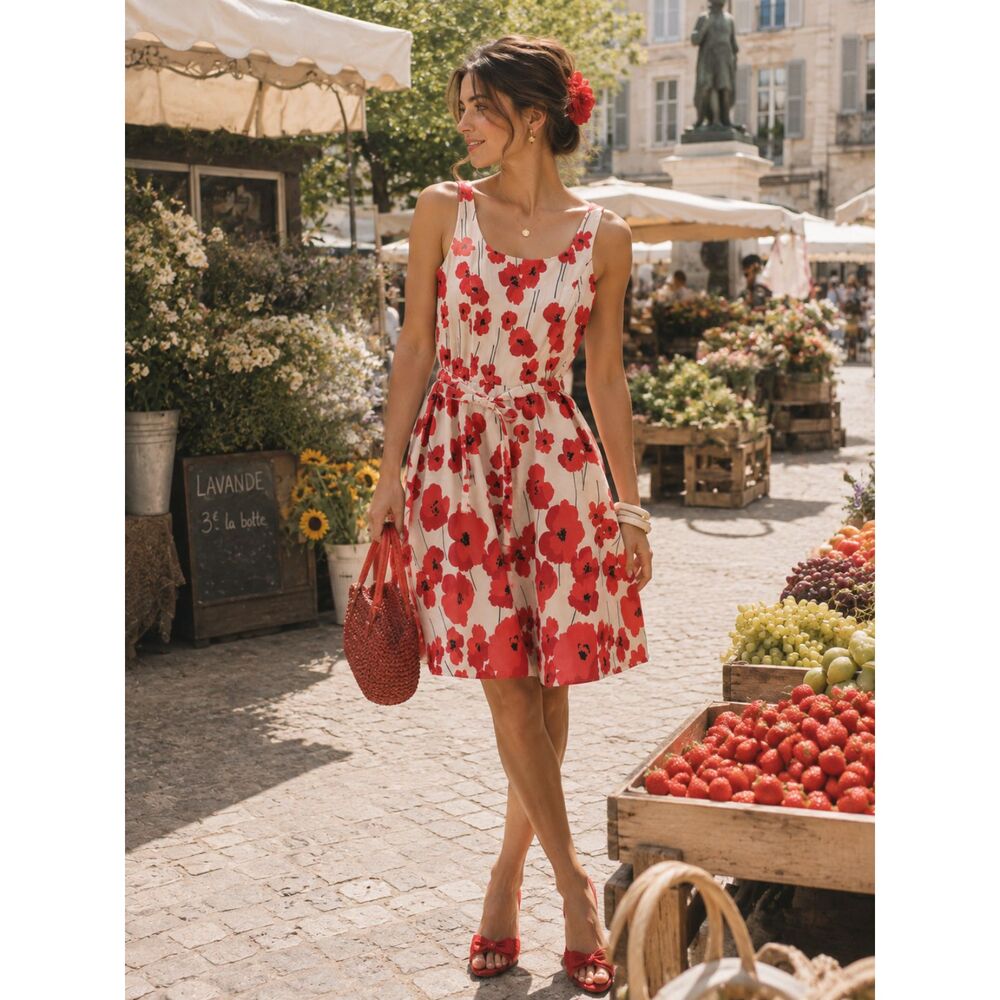 Breakin' Loose sz 12 Dress Red Poppies Fit Flare Belted  Marimekko Style 50s